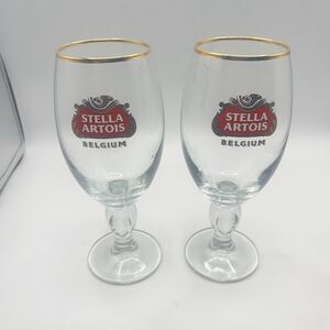 STELLA ARTOIS Belgium Chalice Beer Glass 33 CL Gold Rim (Set Of 2)